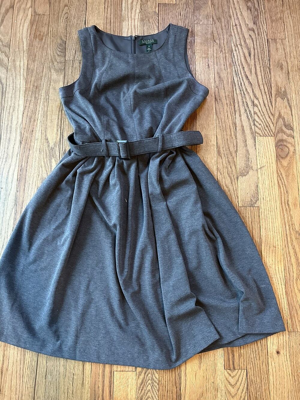 Ralph Lauren Cocktail Dress Women 12 Deep Gray Pleated Sleeveless Belted